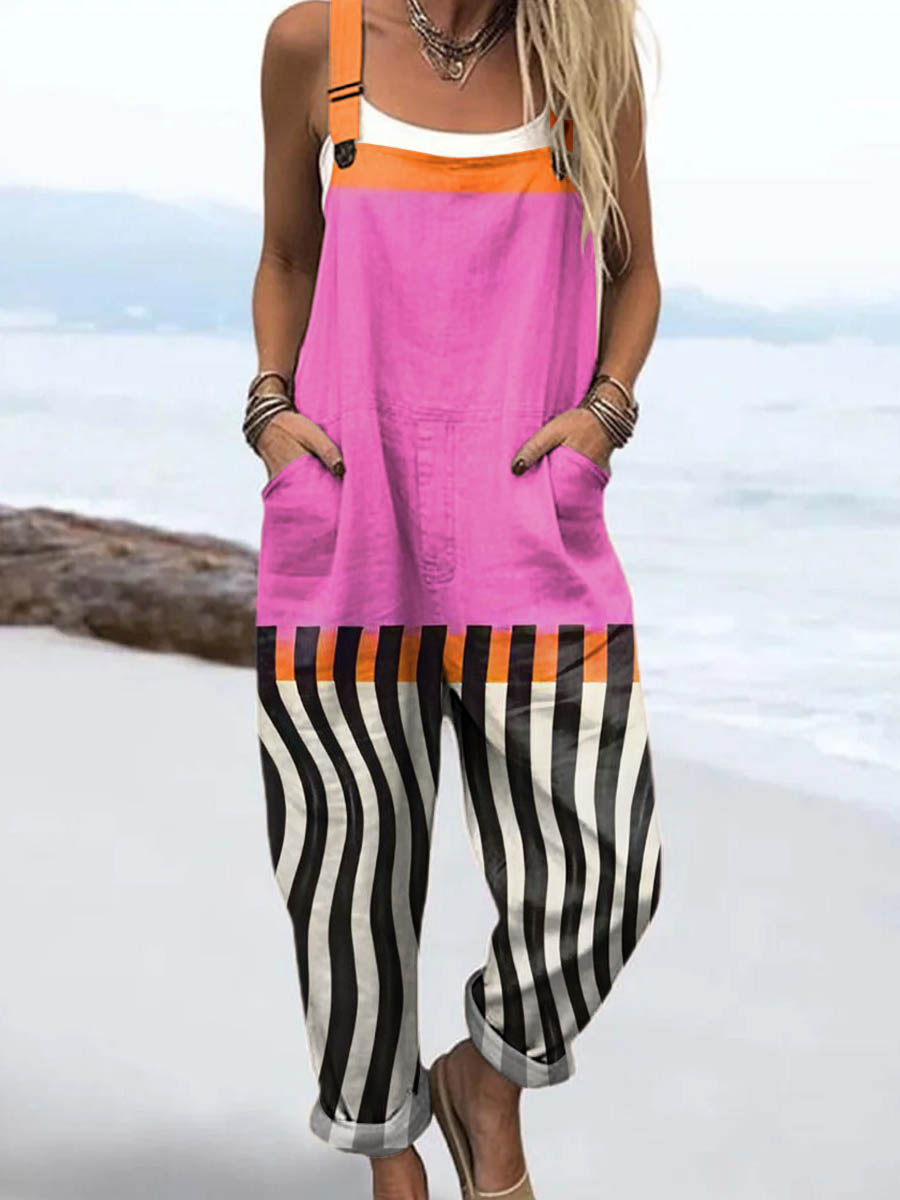 Women's Abstract Pattern Art Print Casual 100% Cotton Wide Leg Jumpsuit