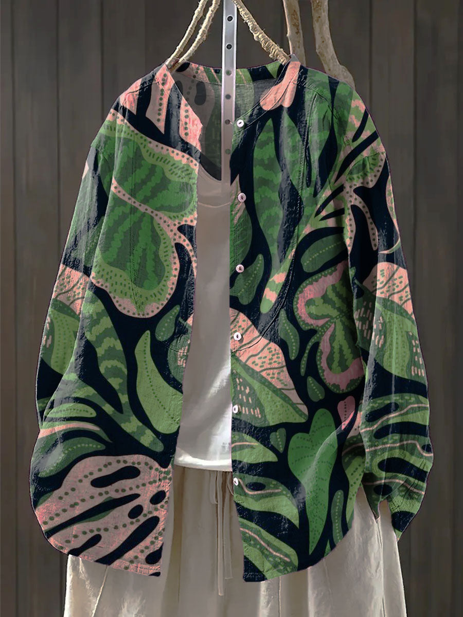 Women's Banana Leaves Print Casual Cotton And Linen Ruffle Shirt