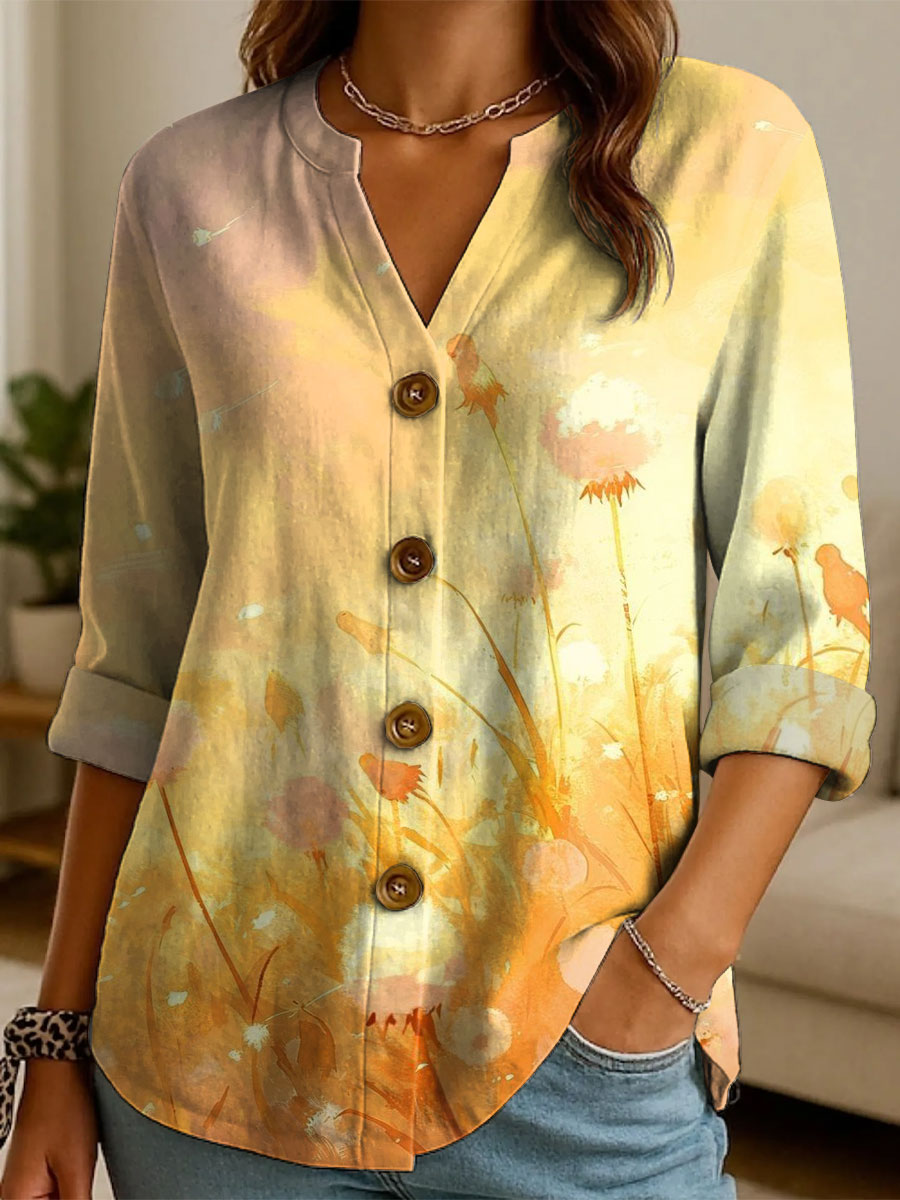 Women's Autumn Maple Leaves Dandelions Pattern Print Casual Cotton And Linen Shirt
