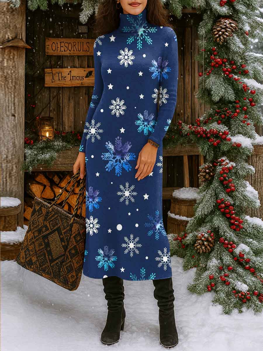 Women's Christmas Print Turtleneck Long Sleeve Casual Loose Knit Dress