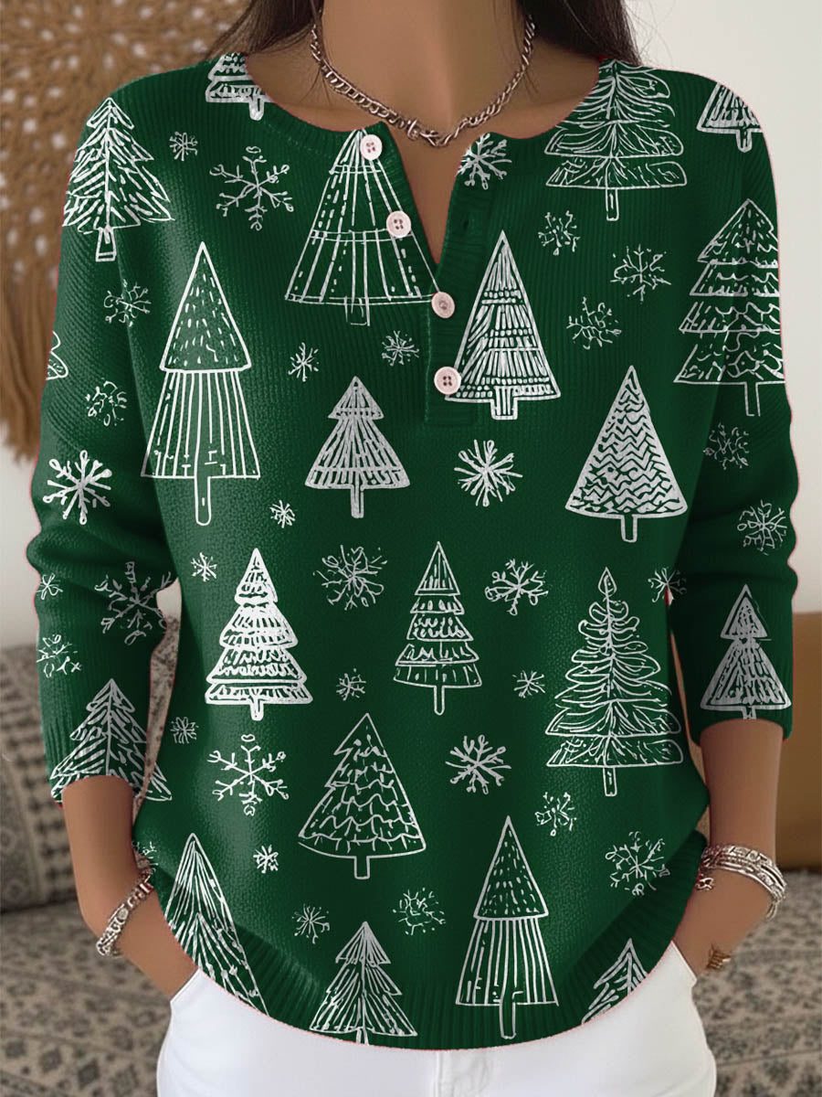 Women's Christmas Tree Art Print Buttoned Cardigan Sweater