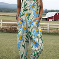 Women's  Vintage Flower Art Print Casual 100% Cotton Wide Leg Jumpsuit
