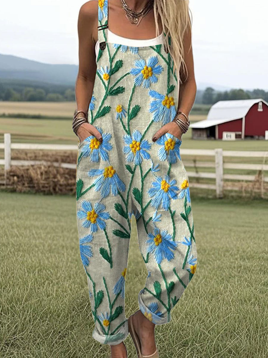 Women's  Vintage Flower Art Print Casual 100% Cotton Wide Leg Jumpsuit