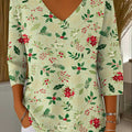 Women's Christmas Graphic Print V-Neck 3/4 Sleeve Casual Loose Pullover Sweater