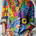 Women's Colorful Ethnic Circular Geometric Painting Art Print Casual Cotton And Linen Ruffle Shirt