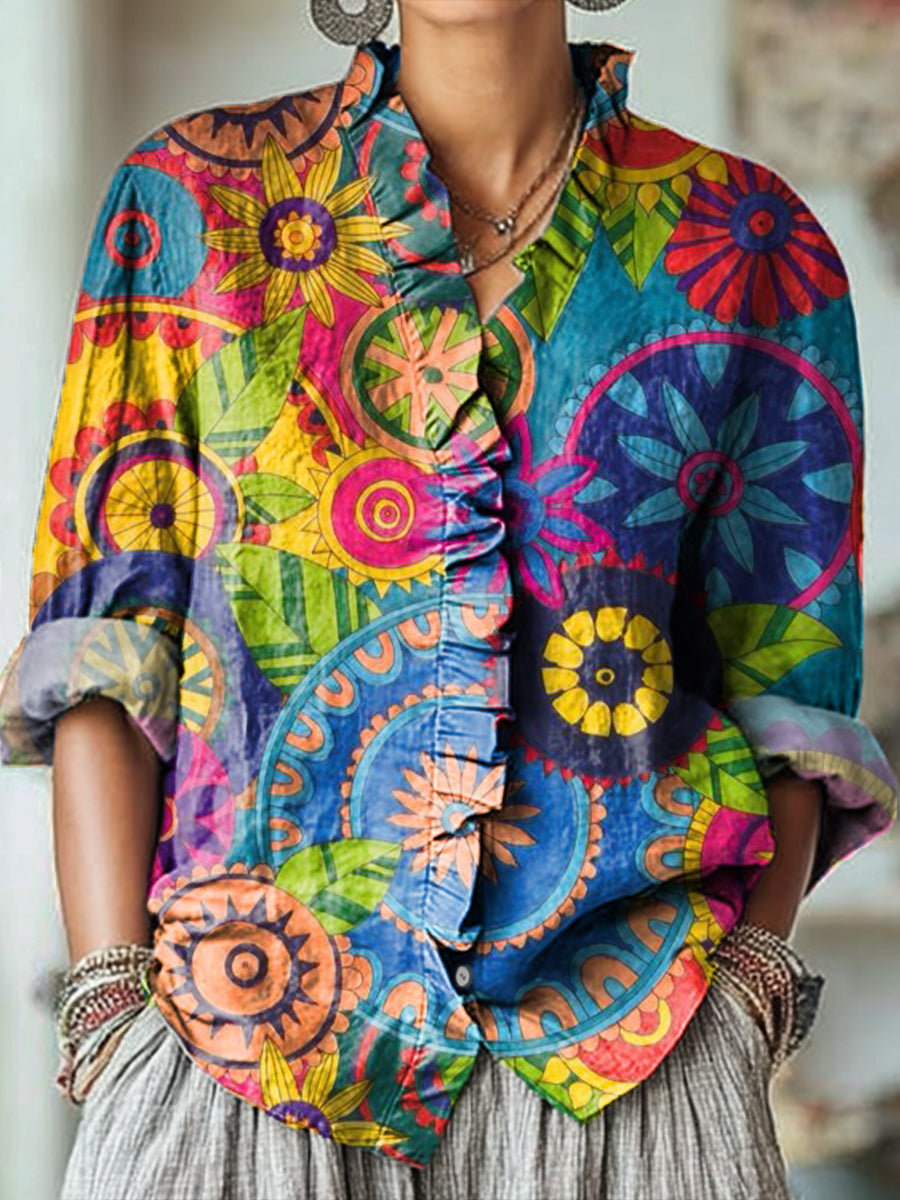 Women's Colorful Ethnic Circular Geometric Painting Art Print Casual Cotton And Linen Ruffle Shirt