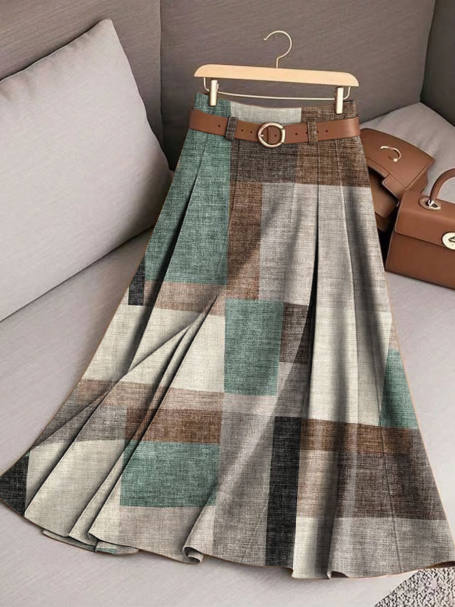 Women's Retro Splicing Color Pattern Casual Print Cotton Skirt