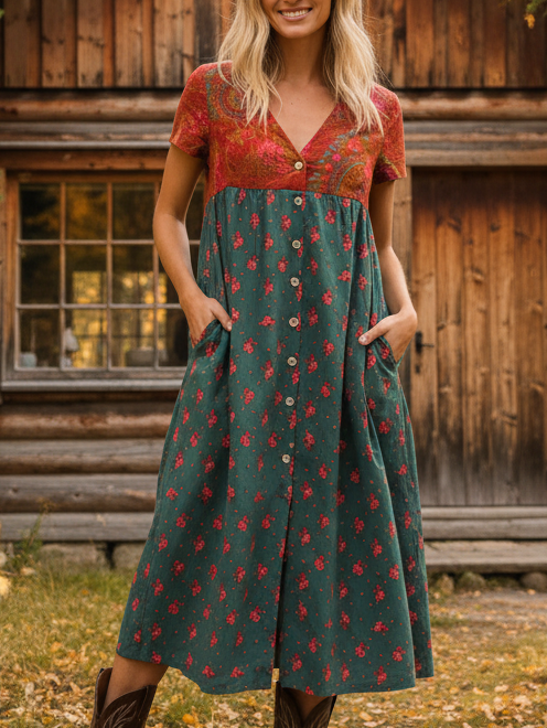 Boho Flower Patchwork Print V-neck Soft Midi Dress