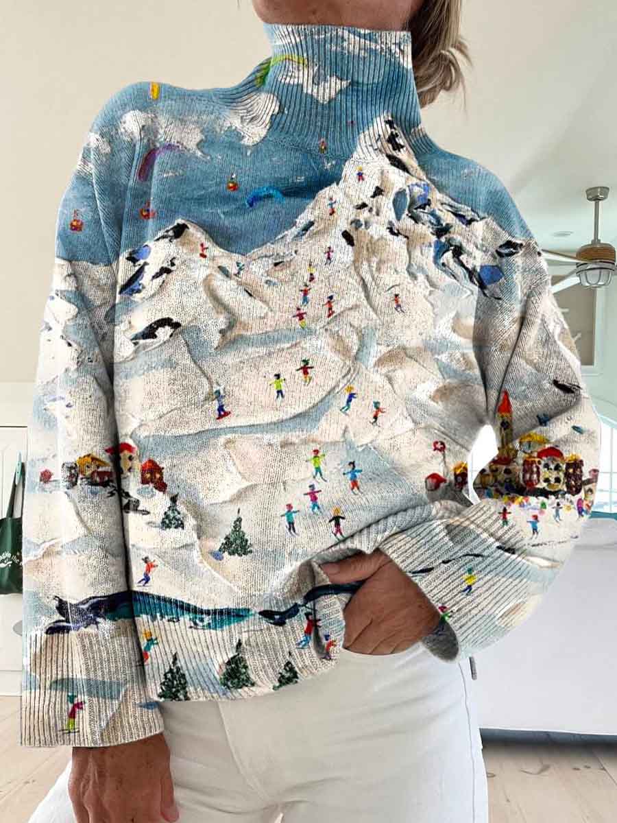 Women's Ski Painting Art Print Knit Turtleneck Pullover Sweater