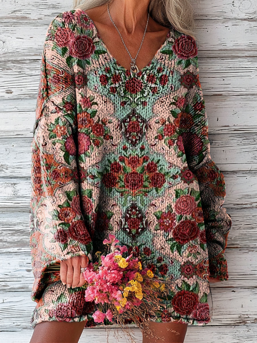 womens-vintage-ethnic-floral-geometric-painting-art-print-casual-pullover-sweater