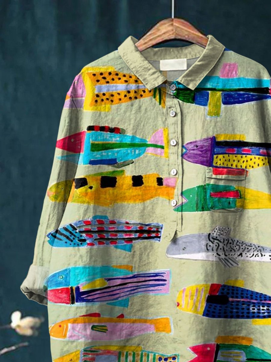 Fish Printed Women's Casual Cotton And Linen Shirt