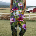 Women's  Vintage Flower Art Print Casual 100% Cotton Wide Leg Jumpsuit