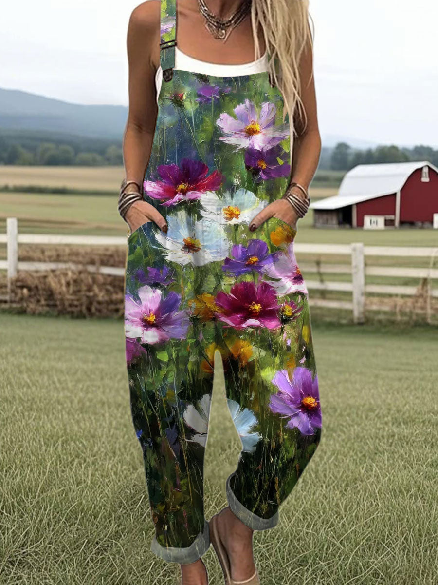 Women's  Vintage Flower Art Print Casual 100% Cotton Wide Leg Jumpsuit