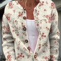 Women's Vintage Art Red Floral Print Buttoned Cardigan Sweater