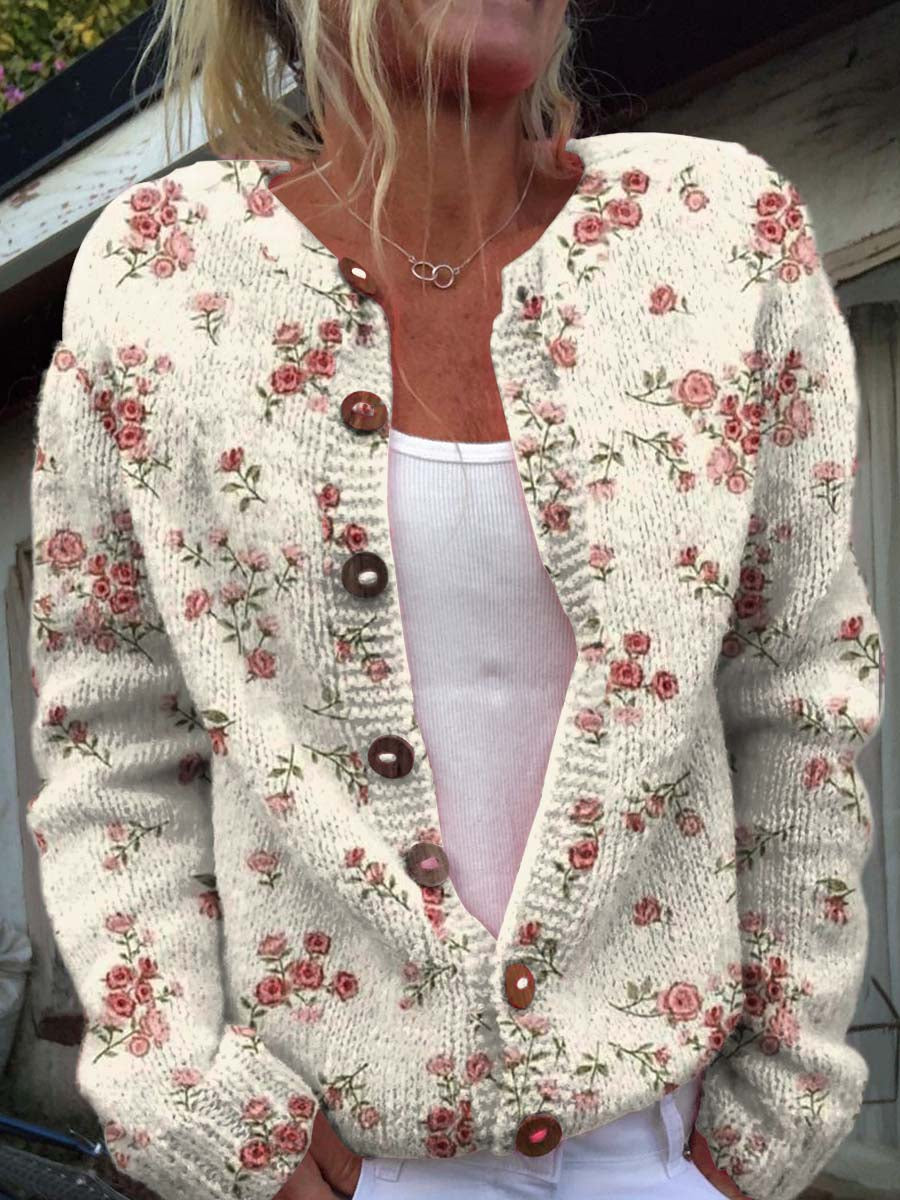 Women's Vintage Art Red Floral Print Buttoned Cardigan Sweater