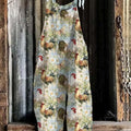 Women's Lovely Chicken Floral Art Print Casual 100% Cotton Wide Leg Jumpsuit