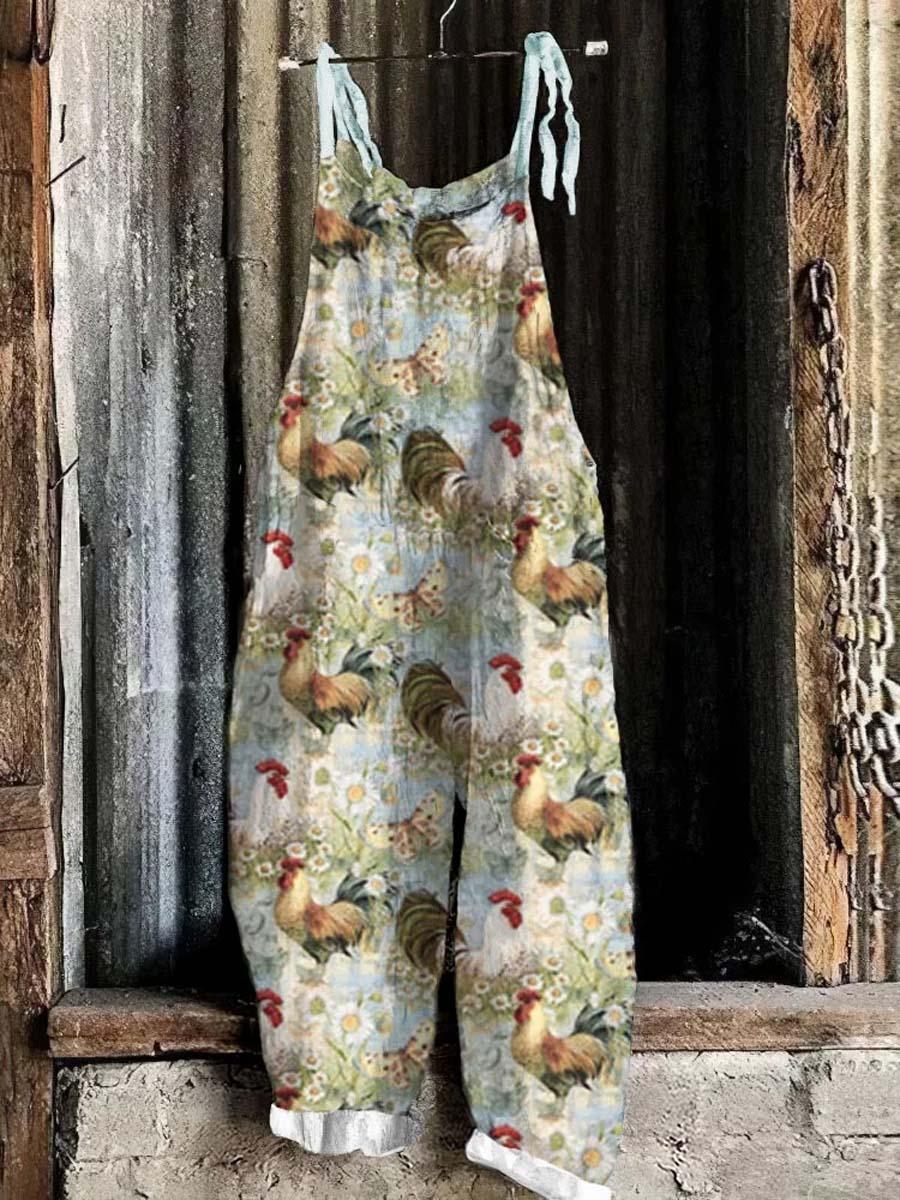 Women's Lovely Chicken Floral Art Print Casual 100% Cotton Wide Leg Jumpsuit