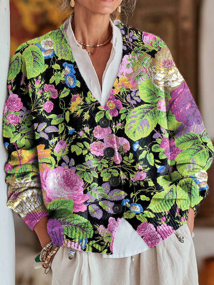 beautiful-colorful-flowers-and-leaves-painting-art-print-buttoned-v-neck-cardigan-sweater