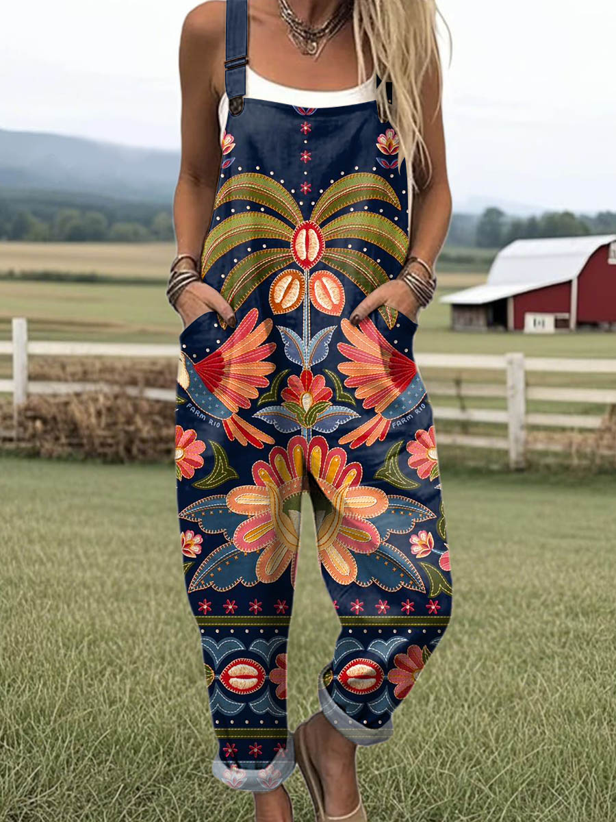 Women's Vintage Floral Art Print Casual 100% Cotton Wide Leg Jumpsuit