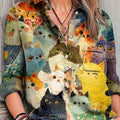 Women's Abstract Cute Colorful Cat Portrait Painting Art Print Casual Cotton And Linen Shirt