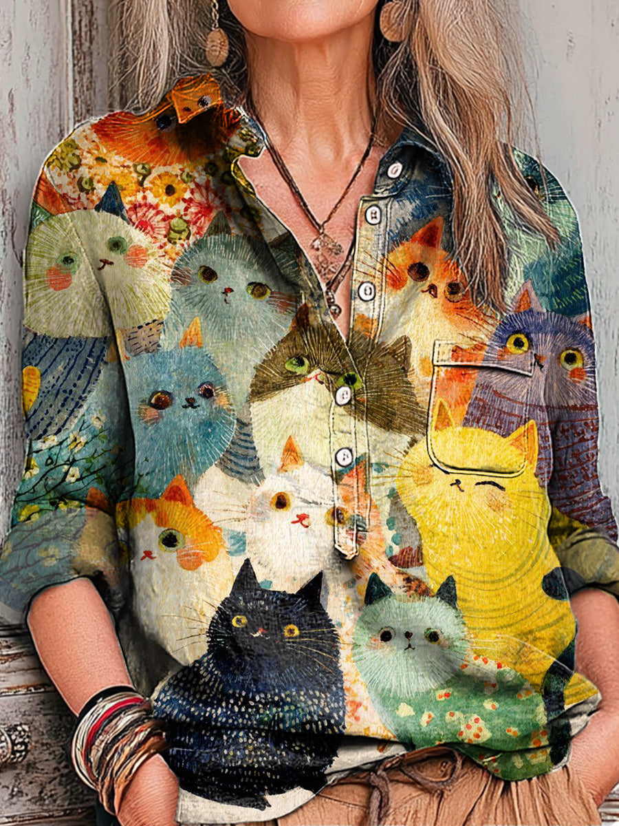 Women's Abstract Cute Colorful Cat Portrait Painting Art Print Casual Cotton And Linen Shirt