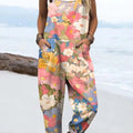Women's Colourful Art Flowers Print Casual 100% Cotton Wide Leg Jumpsuit