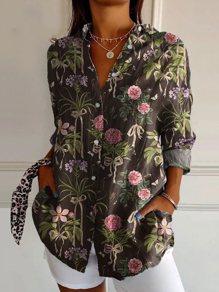 Women's Flower Art Print Casual Cotton Shirt
