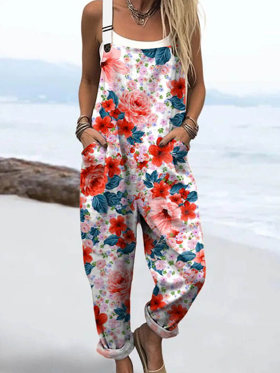 Women's Lovely Floral Pattern Art Print Casual 100% Cotton Wide Leg Jumpsuit