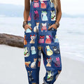 Women's Artistic Abstract Cat Print Casual 100% Cotton Wide Leg Jumpsuit