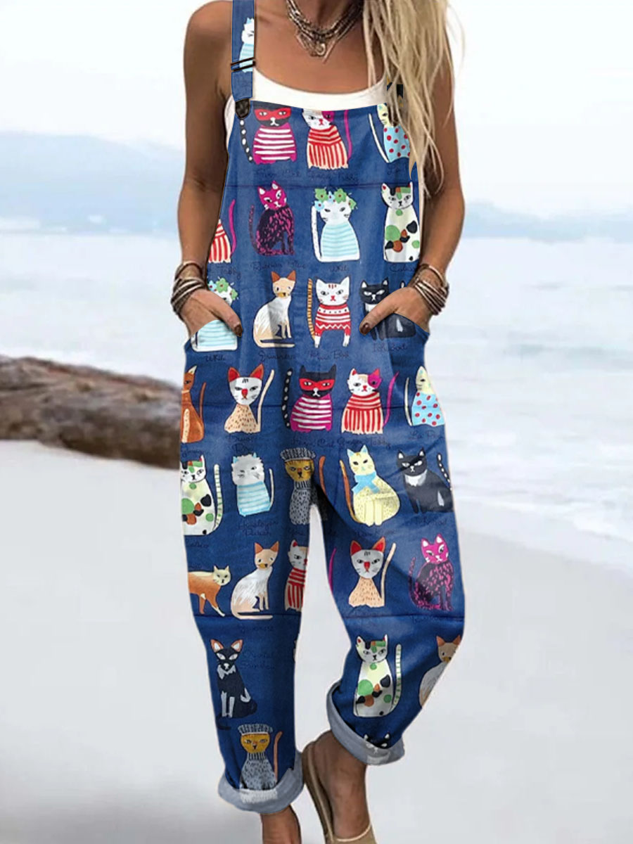 Women's Artistic Abstract Cat Print Casual 100% Cotton Wide Leg Jumpsuit