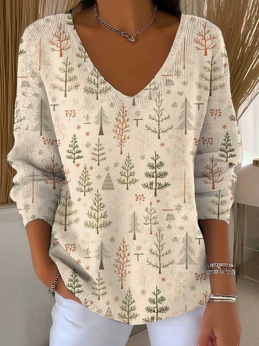 Women's Christmas Tree Art Print Casual Pullover Sweater