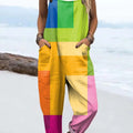Women's Colorful Art Abstract Geometry Print Casual 100% Cotton Wide Leg Jumpsuit