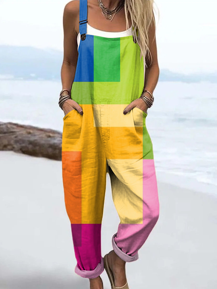 Women's Colorful Art Abstract Geometry Print Casual 100% Cotton Wide Leg Jumpsuit