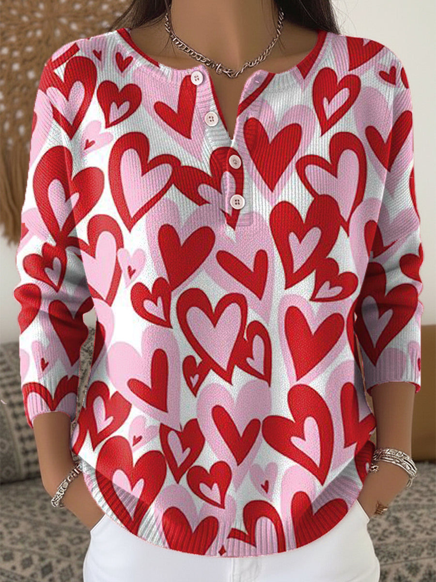 Women's Retro Plaid Heart Art Print Valentine's Day Casual Sweater