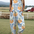 Women's  Vintage Pumpkin Art Print Casual 100% Cotton Wide Leg Jumpsuit