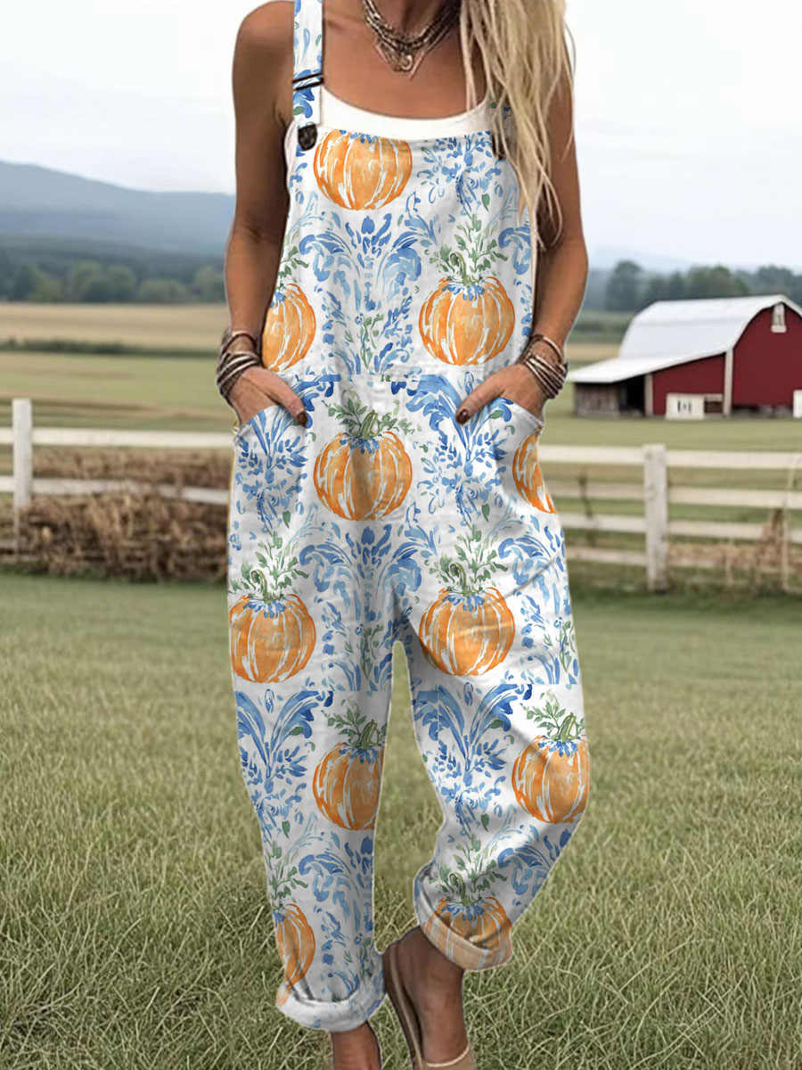 Women's  Vintage Pumpkin Art Print Casual 100% Cotton Wide Leg Jumpsuit