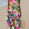 Women's Lovely Floral Pattern Art Print Sleeveless Cotton Pocket Wrap Dress