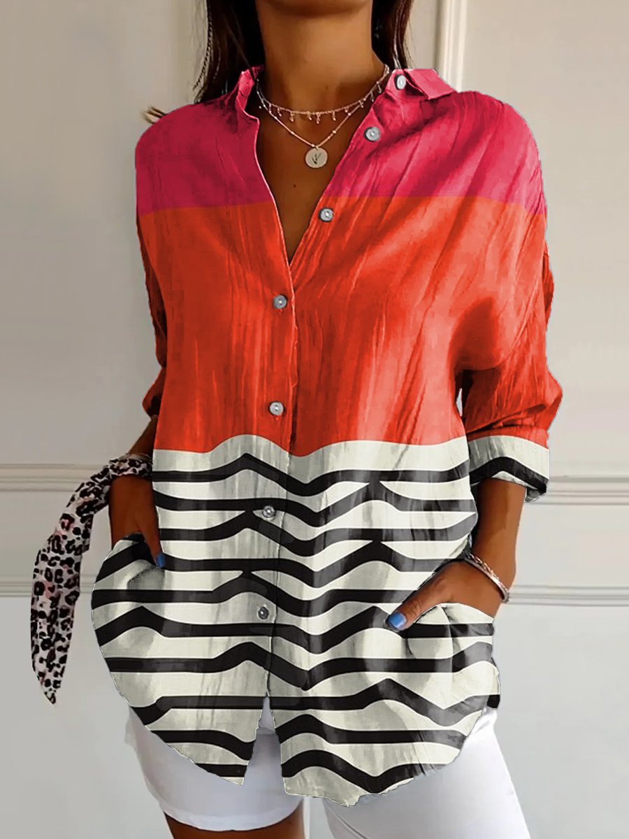 Women's Irregular line Print Casual Cotton Shirt