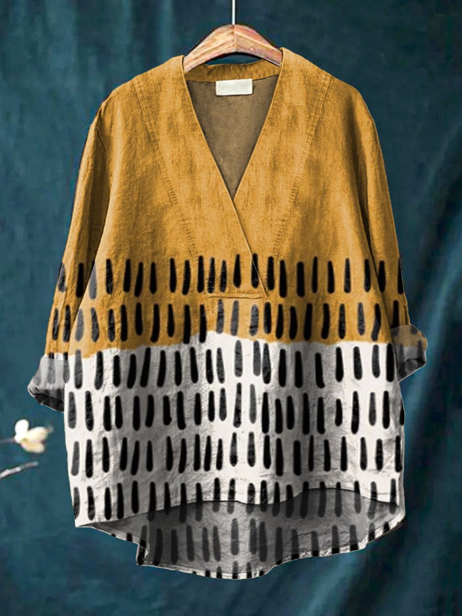 Contemporary Geometric Pattern Printed Women's Casual Cotton And Linen V-Neck Shirt