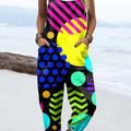 Women's Bright Colorful Geometric Circles Painting Art Print Casual 100% Cotton Wide Leg Jumpsuit