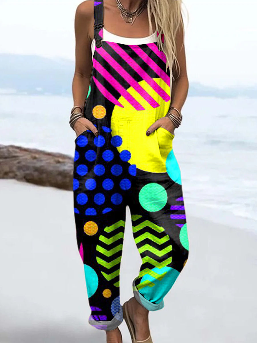 Women's Bright Colorful Geometric Circles Painting Art Print Casual 100% Cotton Wide Leg Jumpsuit