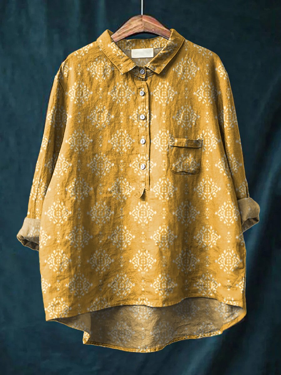 Women's Vintage Flowers Print Casual Cotton And Linen Shirt