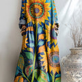 Women's Beautiful Abstract Large Sunflower Flower Painting Art Print Pocket Cotton Dress