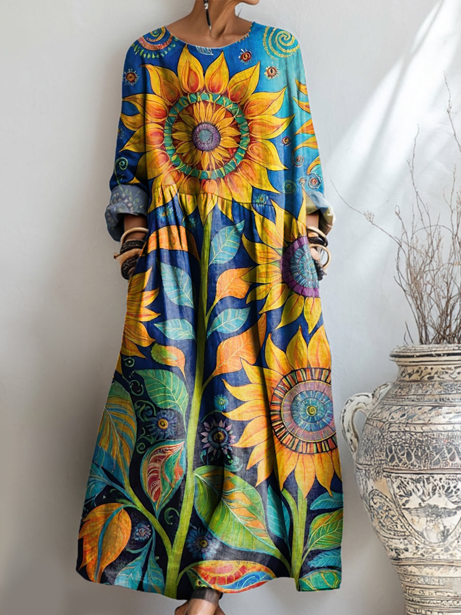 Women's Beautiful Abstract Large Sunflower Flower Painting Art Print Pocket Cotton Dress
