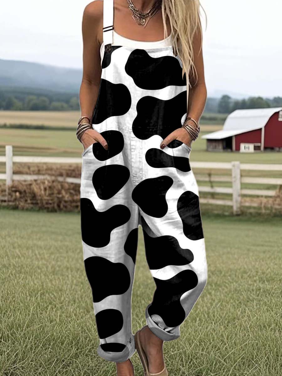 Women's Lovely Cow Pattern Art Print Casual 100% Cotton Wide Leg Jumpsuit
