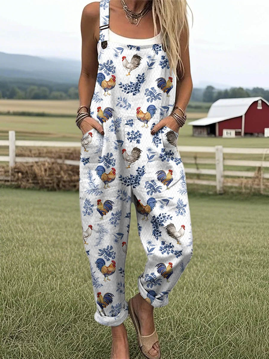 Women's Lovely Chicken Floral Art Print Casual 100% Cotton Wide Leg Jumpsuit