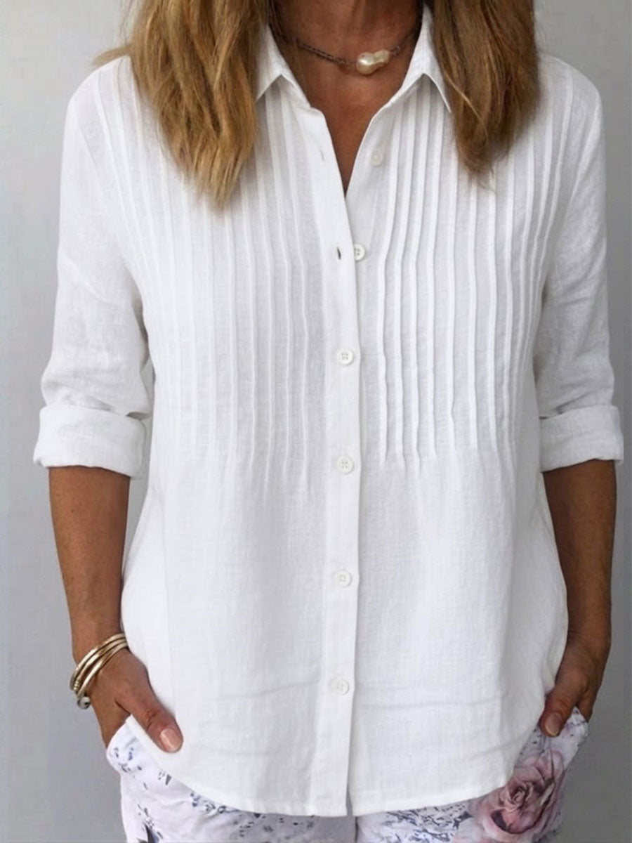 Women's Solid-color Casual Pleated Cotton-linen Shirt