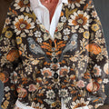 Cardigan mit V-Ausschnitt und Knöpfen im Vintage-Ethno-Stil mit Blumen- und Vogelmotiven 
