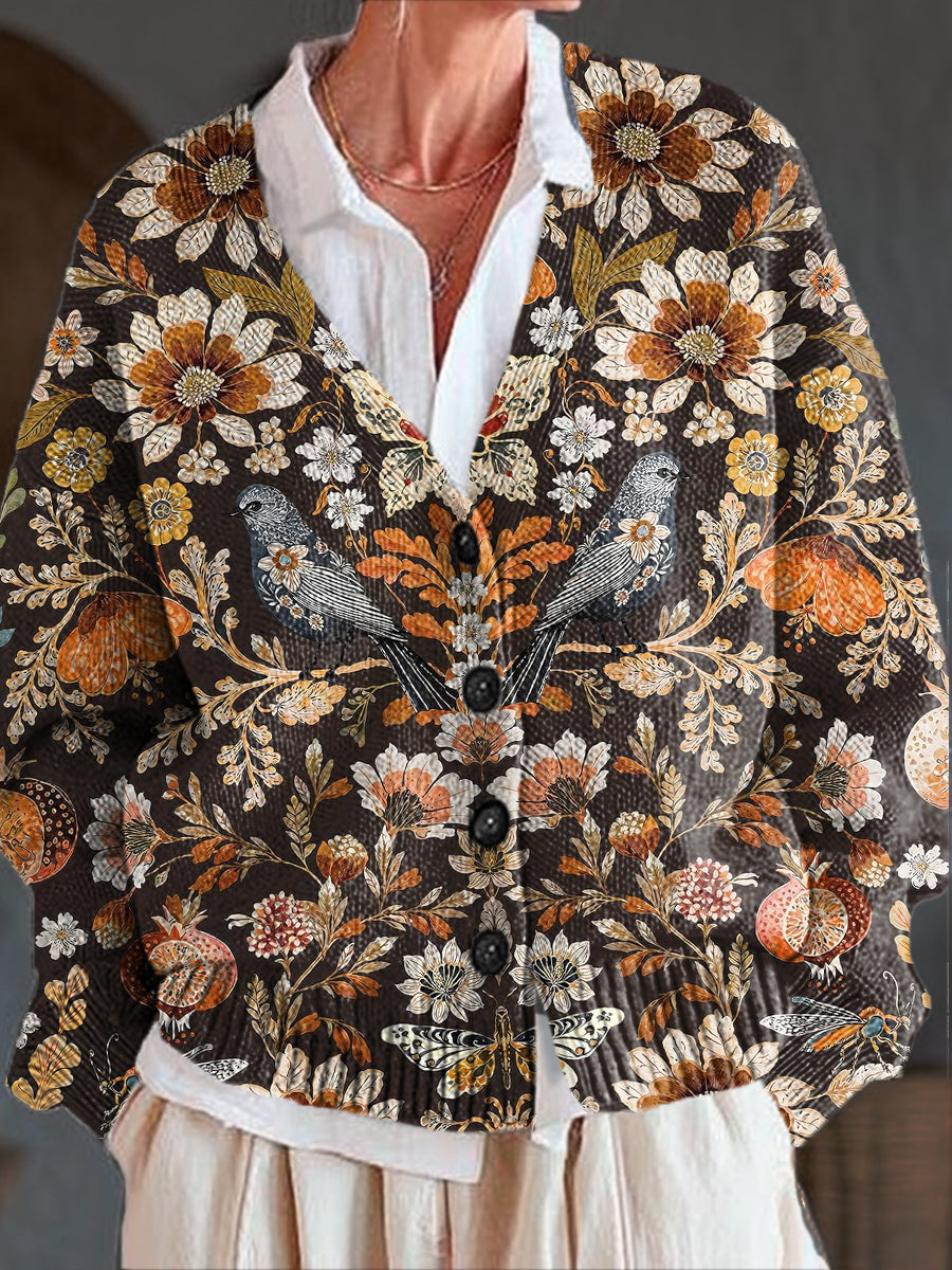 vintage-ethnic-floral-and-bird-art-print-buttoned-v-neck-cardigan-sweater