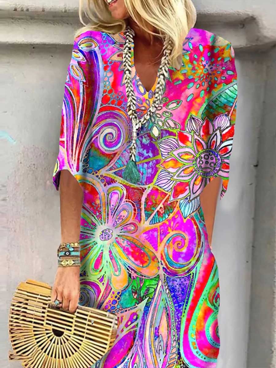 Women's Abstract Retro Print V-Neck 3/4 Sleeve Casual Cotton and Linen Dress